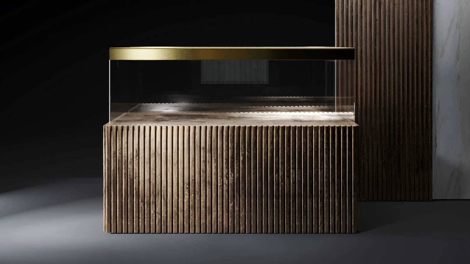 CaVenza Wooden Wands — rivestimento in listelli di legno su volume contemporaneo