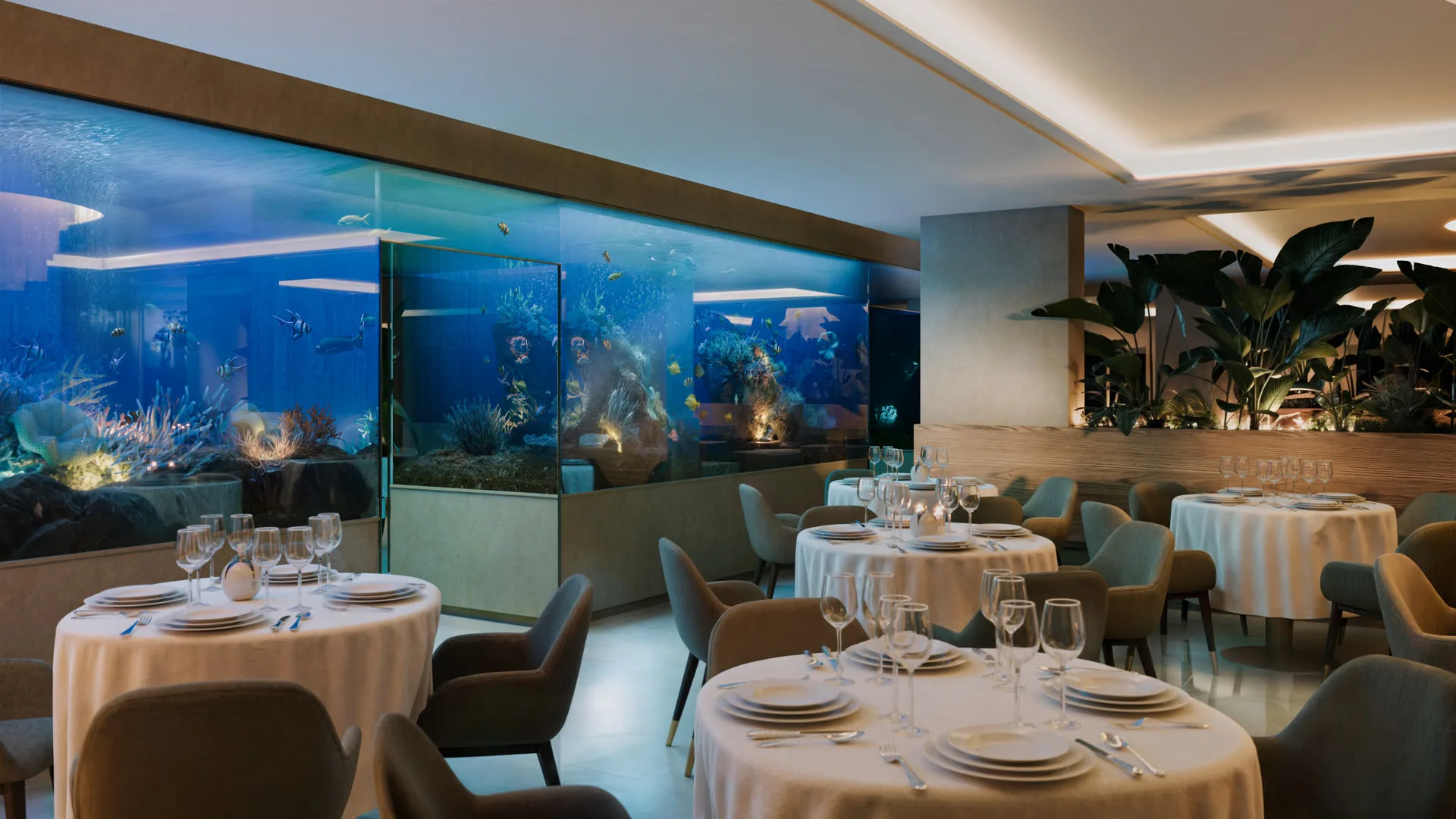 Acquario panoramico in sala da pranzo di lusso — CaVenza
