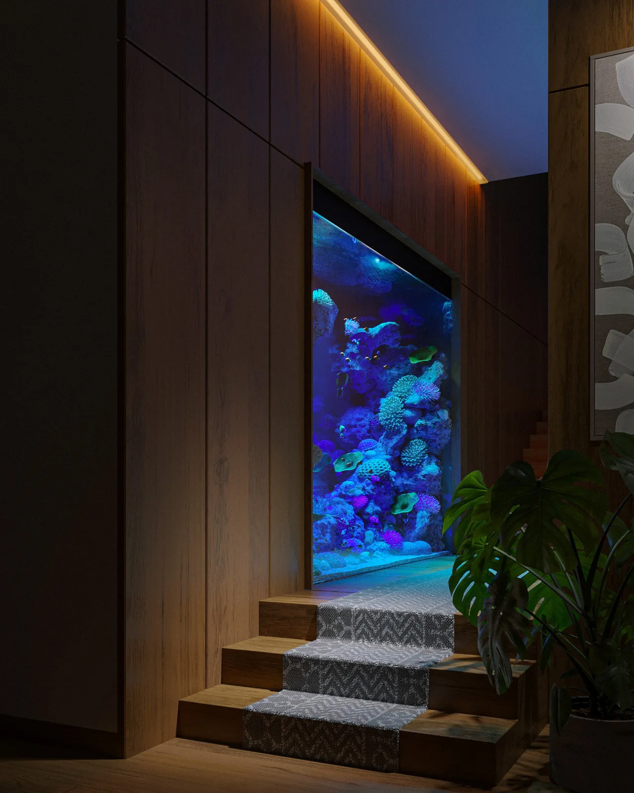 Acquario incassato in ingresso privato con rivestimento in legno — CaVenza
