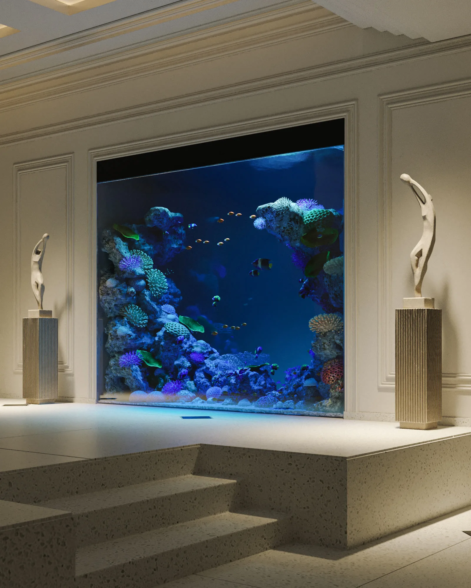 Acquario monumentale in salone di rappresentanza tra sculture neoclassiche — CaVenza