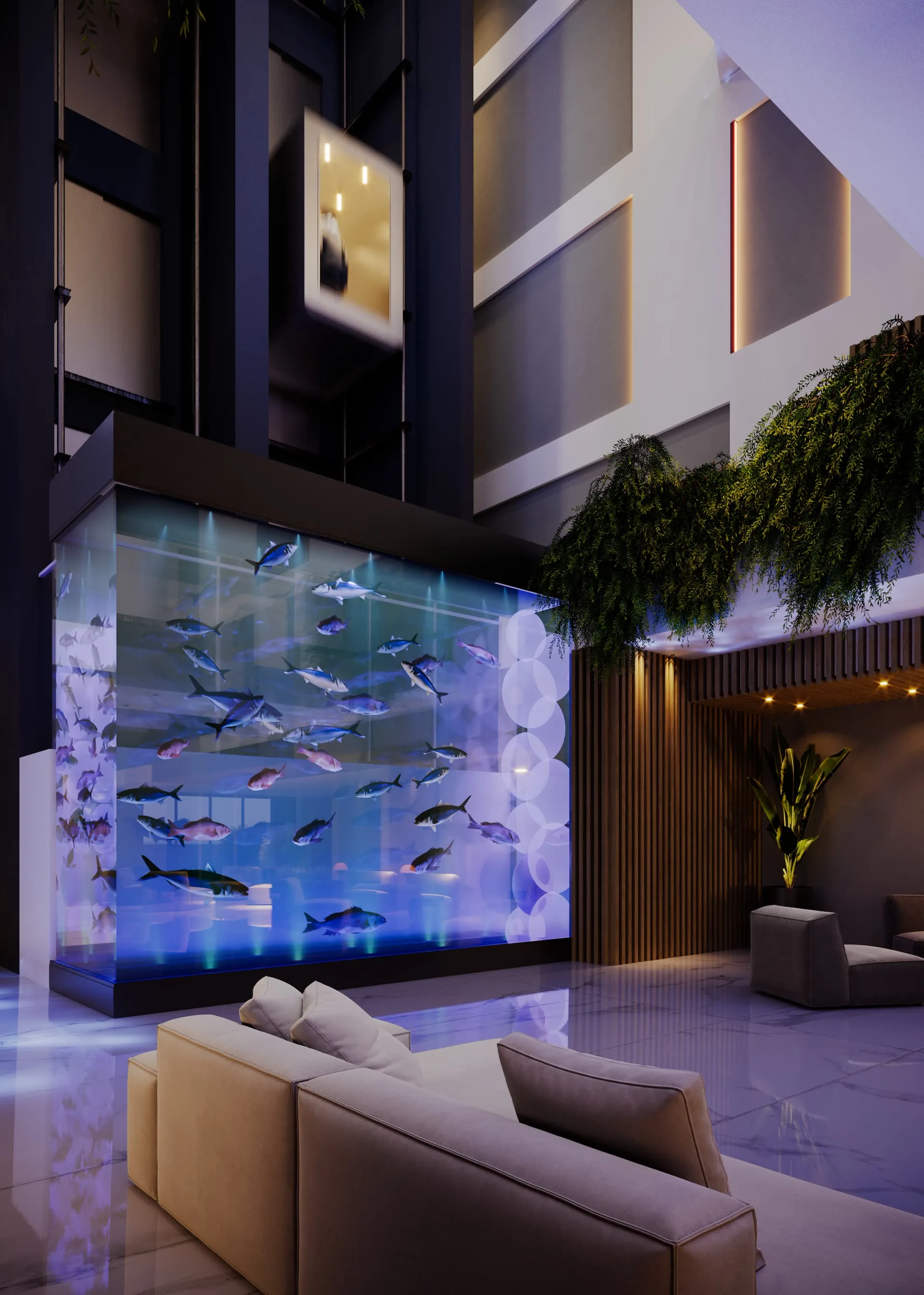 Colonna d'acqua a tutta altezza in hotel lobby notturna — CaVenza
